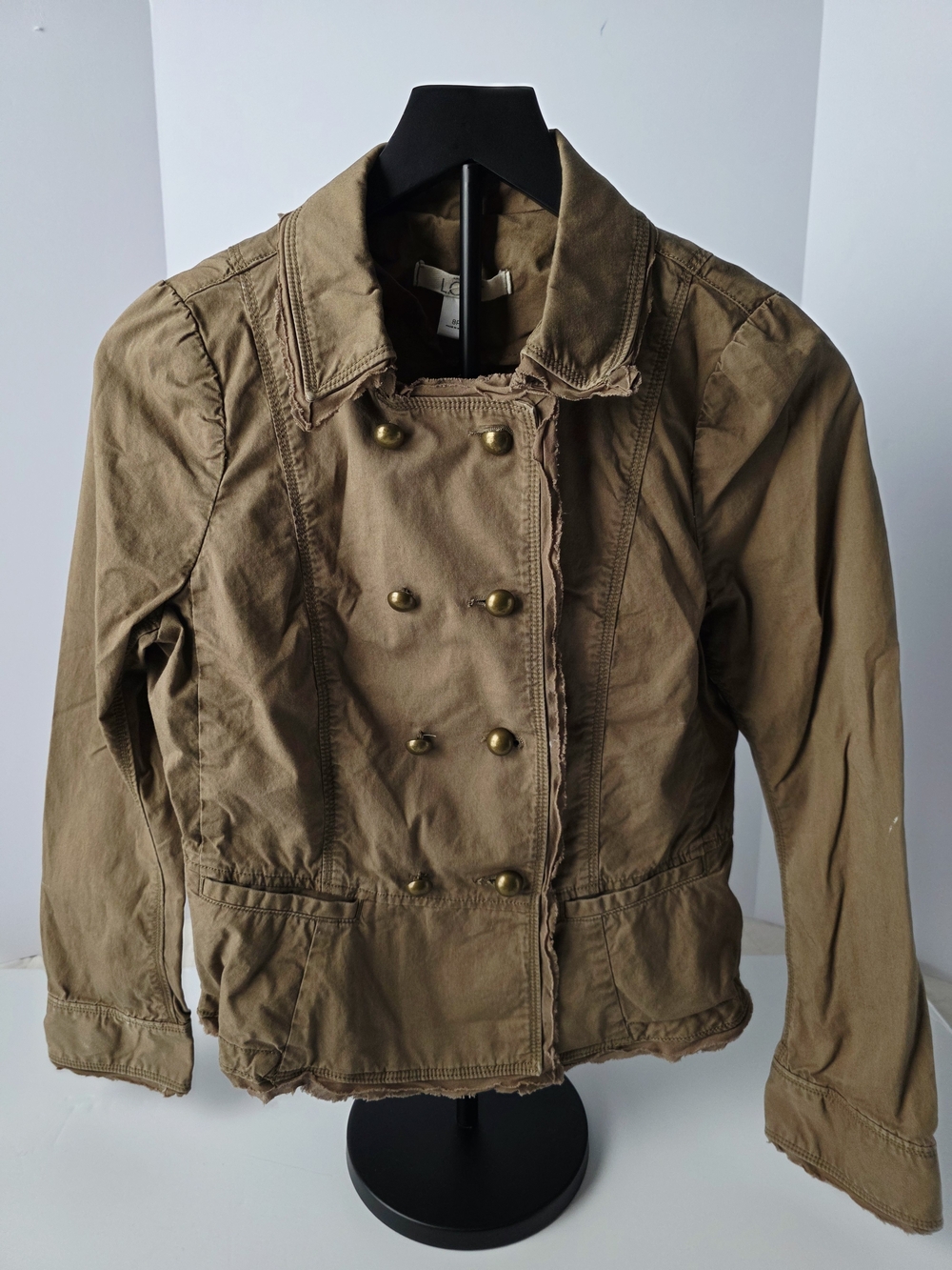 LOFT Double Breasted Military Jacket Brown Cotton Frayed Size 8P